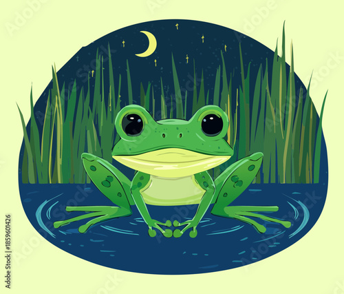 Green frog sitting in a pond at night under a crescent moon and bright stars