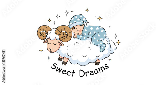Sweet baby in star patterned pajamas sleeping on the back of a fluffy white ram among stars with Sweet Dreams text on white background.