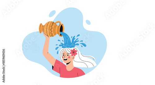 Creative illustration of a young woman with a flower in her hair pouring water from an ancient amphora onto her own head with a smile.