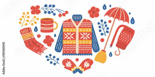 A cozy arrangement of winter items forming a heart shape illustration