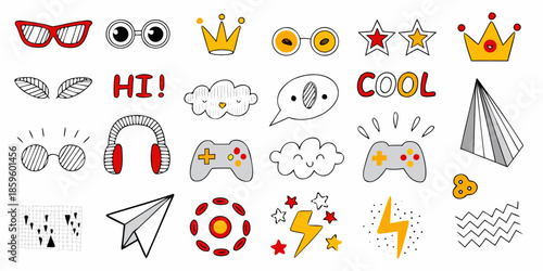 A playful collection of hand drawn doodles featuring glasses crowns and whimsical objects