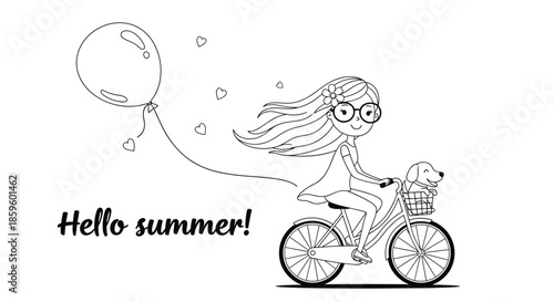 Cute girl on a bicycle with a puppy dog in the front basket and a large balloon tied to the back with Hello Summer text at the bottom.