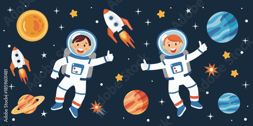 Astronauts explore space with rockets planets and stars in a colorful scene