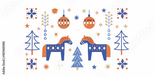 Festive nordic christmas scene with ornaments horses and stylized pine trees