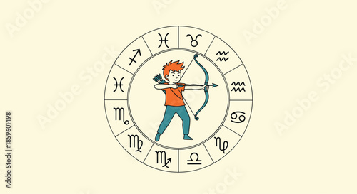 Vector illustration of a young archer representing the Sagittarius zodiac sign inside a wheel with all twelve astrological symbols icons.