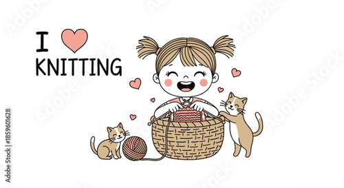 Cute little girl enjoys knitting in a large woven basket while surrounded by her pet cats and hearts in a whimsical and cozy craft illustration.