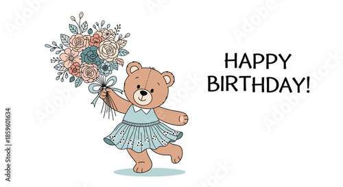 Happy birthday greeting card shows a cute teddy bear wearing a dress and holding a massive bouquet of colorful roses to celebrate a special day.