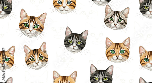 Seamless pattern features many cute and detailed cat faces with various markings like tabby and bengal stripes on a clean white background art.
