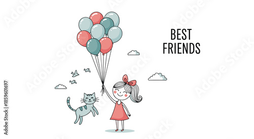 Best friends illustration features a happy girl holding a large bunch of colorful balloons while her cat floats playfully beside her in the sky.