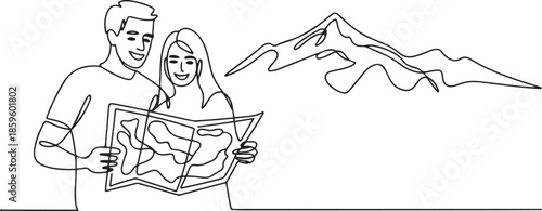 Single one line drawing smiling couple planning the route and looking at the map. Travel, vacation, holidays and adventure. Mountain landscape. one line Icon drawing