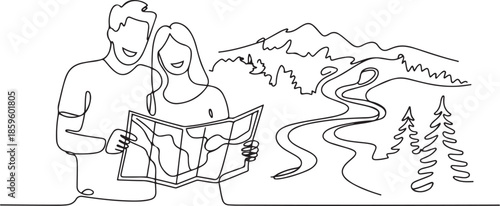 Single one line drawing smiling couple planning the route and looking at the map. Travel, vacation, holidays and adventure. Mountain landscape. one line Icon drawing
