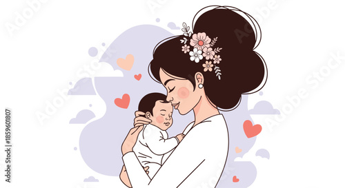 Loving mother holds her sleeping baby close to her heart in a beautiful and tender motherhood illustration with clouds and heart symbols.