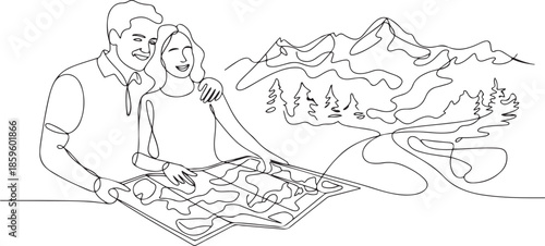 Single one line drawing smiling couple planning the route and looking at the map. Travel, vacation, holidays and adventure. Mountain landscape. one line Icon drawing