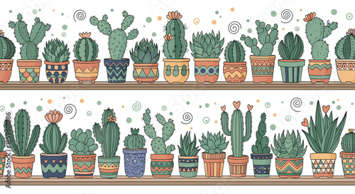 Long banner features two shelves filled with diverse potted cacti and succulents in colorful ceramic pots with unique patterns and shapes.