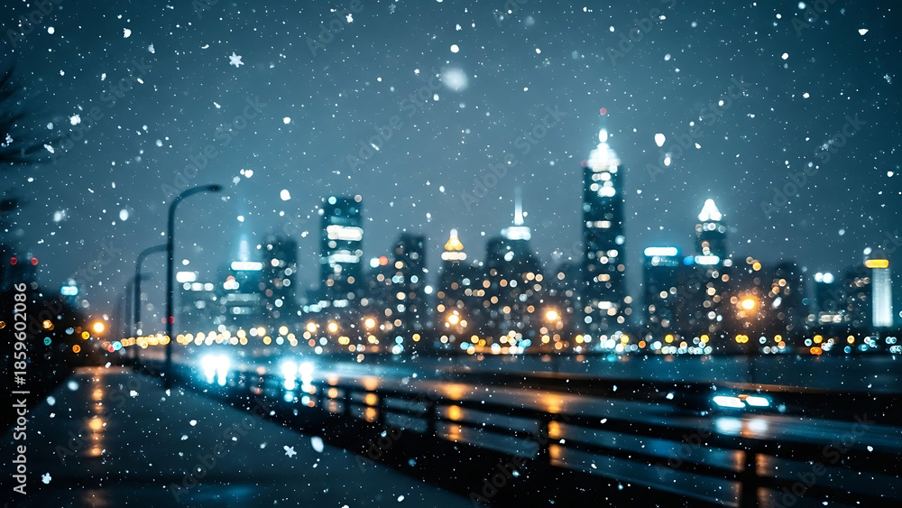 Fototapeta premium Snowfall over a cityscape at night with a road and bridge