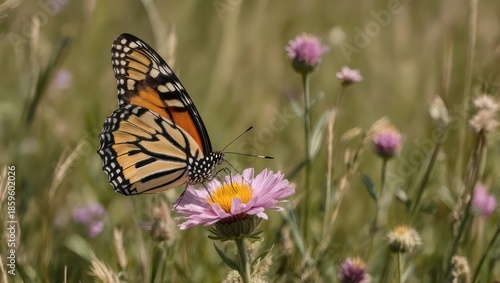 Vibrant Monarch Butterfly Perched on a Delicate Pink Wildflower in a Green Field.