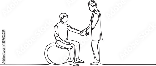 Continuous one line drawing physiotherapy rehabilitation isometric composition with young man patient sitting on ball and male doctor holding his hand. one line Icon drawing