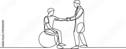 Continuous one line drawing physiotherapy rehabilitation isometric composition with young man patient sitting on ball and male doctor holding his hand. one line Icon drawing