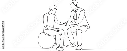 Continuous one line drawing physiotherapy rehabilitation isometric composition with young man patient sitting on ball and male doctor holding his hand. one line Icon drawing