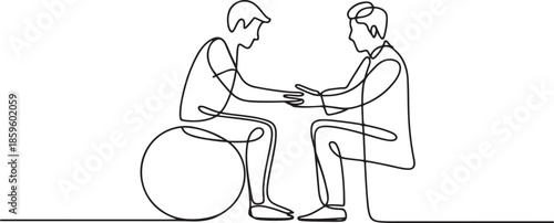 Continuous one line drawing physiotherapy rehabilitation isometric composition with young man patient sitting on ball and male doctor holding his hand. one line Icon drawing