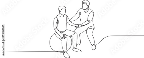 Continuous one line drawing physiotherapy rehabilitation isometric composition with young man patient sitting on ball and male doctor holding his hand. one line Icon drawing