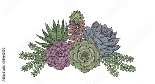 Composition of different succulent plants like echeveria and aloe shows beautiful shapes and colors in a detailed botanical illustration art.