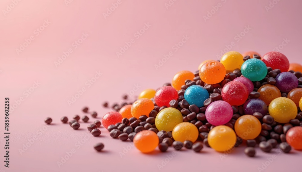 Obraz premium Colorful candies and chocolate mix on a pink background in a creative display Generative AI