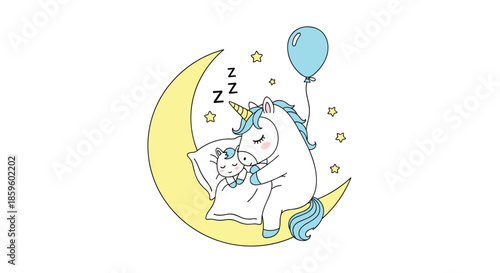 Magical unicorn sleeps on a yellow crescent moon with a tiny cat and a blue balloon in a whimsical and dreamy night sky fantasy illustration.