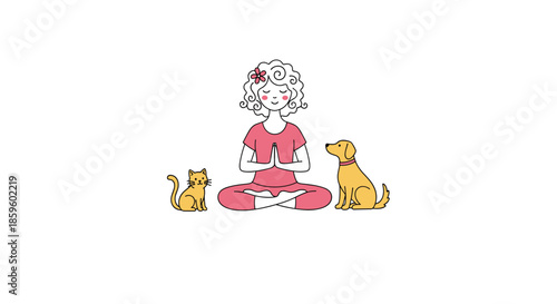 Young woman practicing yoga in lotus position with her cute pet dog and cat sitting nearby against a plain white background.