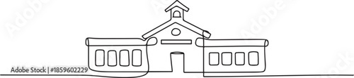 Continuous one line drawing elementary school building at the small city. Back to school hand drawn minimalism concept. Single line draw design. one line Icon drawing