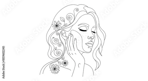 Elegant line art illustration of a beautiful woman with long wavy hair decorated with flowers gently touching her face in a dreamy pose.