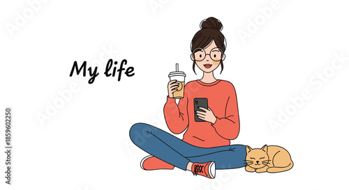 Young woman wearing glasses sitting on the floor with her cat while holding a smartphone and a takeaway coffee cup in a lifestyle scene.
