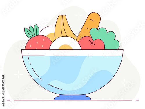 Healthy Food Bowl Illustration Fruits, Vegetables, and Eggs, Diet, Nutrition