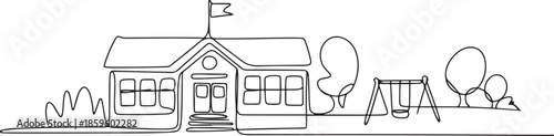 Continuous one line drawing elementary school building at the small city. Back to school hand drawn minimalism concept. Single line draw design. one line Icon drawing