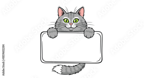 Adorable grey tabby cat with green eyes peeking over a blank white rectangular sign held by its paws for customizable messages or text.