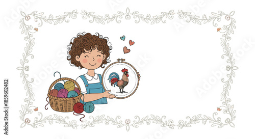 Young girl with curly hair proudly showing her rooster embroidery project while sitting next to a basket of colorful yarn balls.