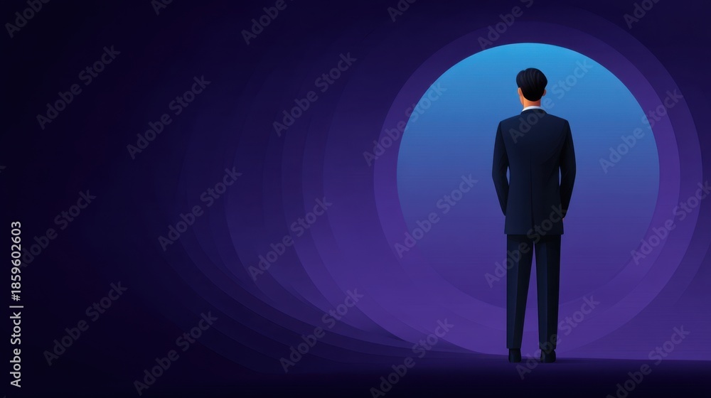 Fototapeta premium Man in Suit Standing with Back to Camera in Dark Purple Background, Symbolizing Opportunity and Potential in Professional Life