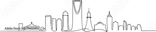 Single continuous line drawing of Riyadh skyline, Saudi Arabia. Famous city scraper landscape. World travel concept wall decor home art poster print. one line Icon drawing