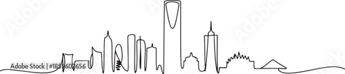 Single continuous line drawing of Riyadh skyline, Saudi Arabia. Famous city scraper landscape. World travel concept wall decor home art poster print. one line Icon drawing