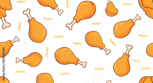 Fried chicken drumstick seamless pattern with crispy poultry legs repeated on white background flat vector illustration