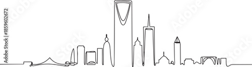 Single continuous line drawing of Riyadh skyline, Saudi Arabia. Famous city scraper landscape. World travel concept wall decor home art poster print. one line Icon drawing
