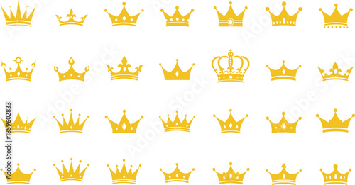 Golden crown silhouette icons collection with various royal and king symbol designs isolated on white background flat vector set