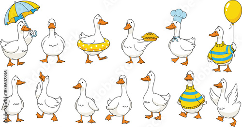 Funny goose characters in different poses with accessories, cute cartoon farm bird vector illustration set