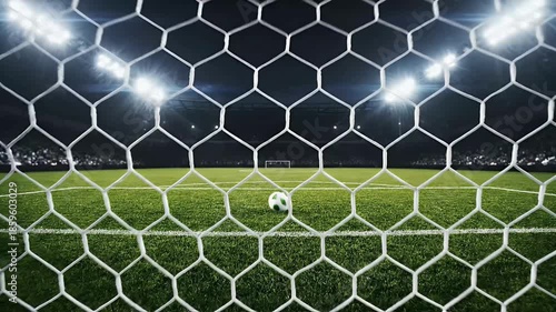 From ground-level, a glowing stadium frames a close net,ball resting on goal line under floodlights