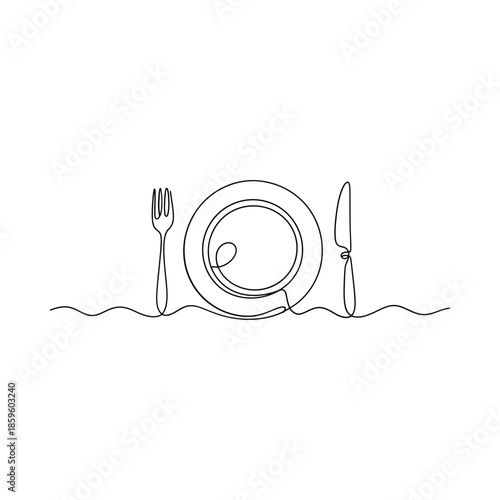Minimalist line art of a plate fork and knife on a wavy line
