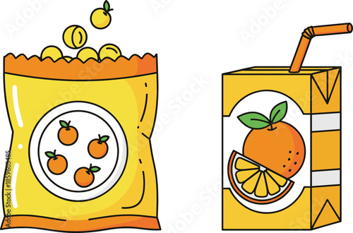 Orange flavored snack chips bag and juice box packaging illustration isolated on white background flat vector design