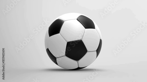 A black-and-white soccer ball rests on a smooth gray studio surface, casting a soft enduring shadow