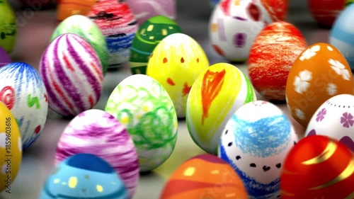 Vibrant Easter eggs with varied patterns sit together on a light surface, bright and festive. color!