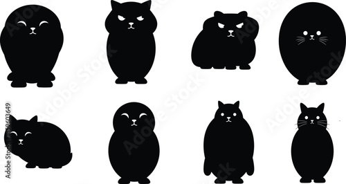 Black cat silhouette vector set, expressive feline icons, cute animal poses, whisker face design, cad drawing flat vector illustration