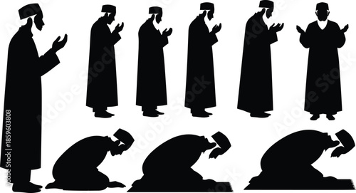 Inclusive prayer postures, disability and mobility silhouettes, spiritual devotion vector, diverse worship accessibility, Islamic culture artwork, cad drawing flat vector illustration